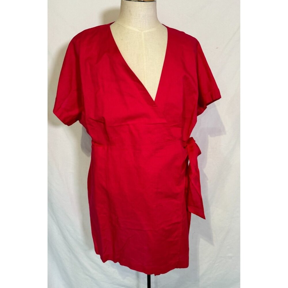 NWT Hudson North Fushsia Pink Red Linen Blend Wrap Belted Summer Dress Sz 2XL